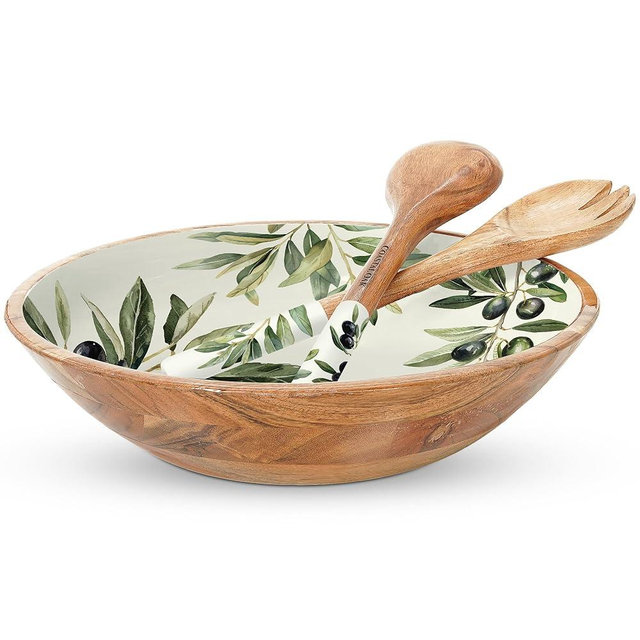 Coastal Oak Large Wooden Salad Bowl Set - Premium 13-inch Acacia Wood Salad Bowl with Servers - Decorative Wooden Bowl with Fork and Spoon - Fruit Bowl - Serving Bowls for Entertaining (Olive Grove)