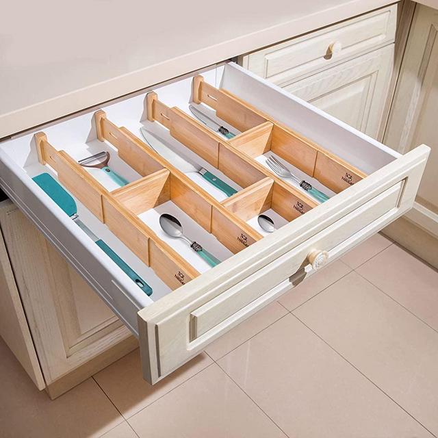 Bamboo Drawer Dividers - Kitchen Drawer Organizer with 4 Expandable Separators & 3 Inserts for Customizable Storage - Ideal for Kitchen, Silverware, Dresser, Bedroom, Bathroom - 16.5-22 inch