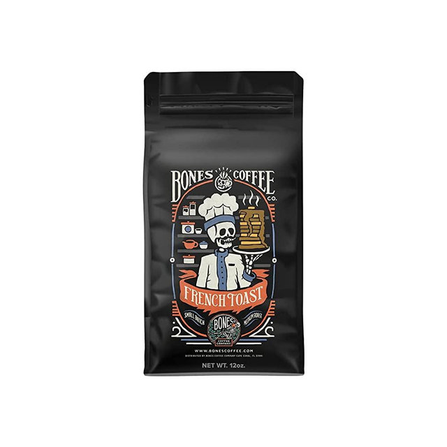 Bones Coffee Company French Toast Flavored Ground Coffee Beans Sweet & Buttery Flavor | 12 oz Flavored Coffee Gifts | Low Acid Medium Roast Coffee Beverages (Ground)