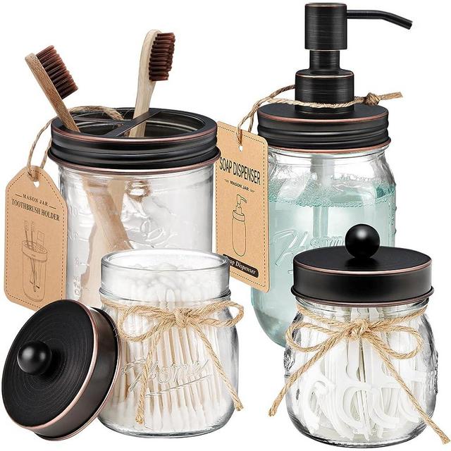 Mason Jar Bathroom Accessories Set 4 Pcs -Lotion Soap Dispenser & 2 Cotton Swab Holders & Toothbrush Holder - Rustic Farmhouse Decor, Bathroom Home Decor, Perfect Decorating Idea (Oil Rubbed Bronze)