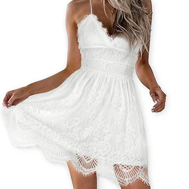 AOOKSMERY Women Summer V-Neck Spaghetti Straps Lace Backless Party Club Beach Mini Midi Dresses