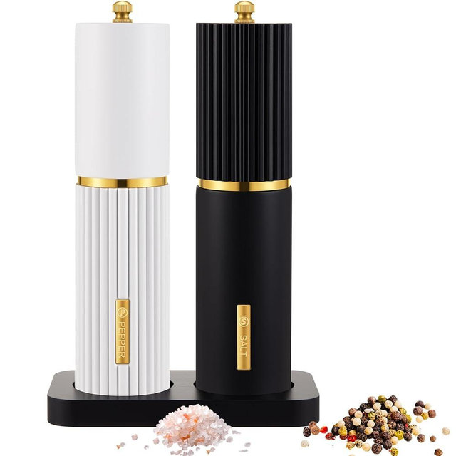 LOYIM Wooden Salt and Pepper Grinder Set 8 Inch Manual Salt and Pepper Mill with Tray Adjustable Coarseness and Refillable Wood Grinders with Gold Bottle Label for Kitchen Gift(Black,White)
