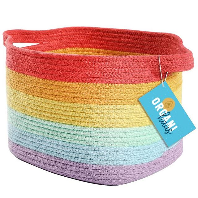 OrganiHaus Woven Basket for Storage | Basket for Shelves | Toy Basket | Throw Blanket Basket for Living Room | Cotton Rope Basket for Storage | Decorative Baby Basket for Towels | Rainbow Basket 14x9