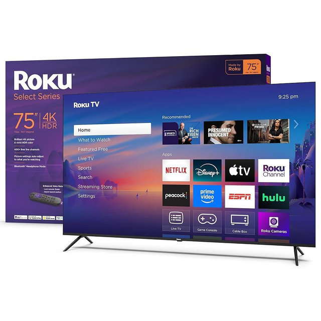 Roku Smart TV 2025 – 75-Inch Select Series, 4K HDR TV – RokuTV with Enhanced Voice Remote – Flat Screen LED Television with Wi-Fi for Streaming Live Local News, Sports, Family Entertainment