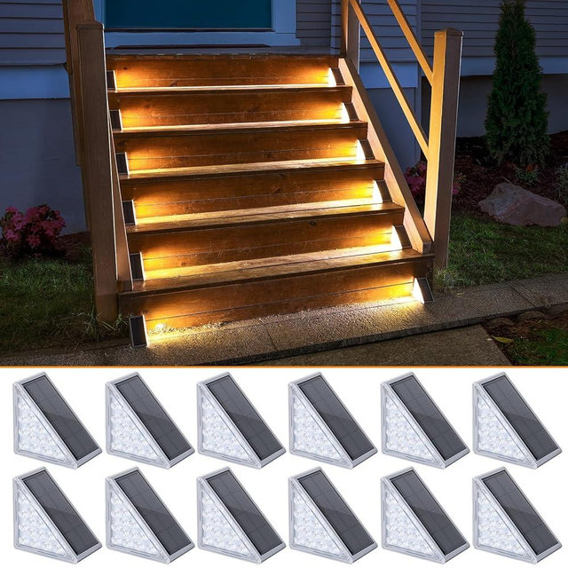 NIORSUN Solar Step Lights 12 Pack - Outdoor Stair Lights with 3000K Warm White & 6000K Cool Daylight, IP67 Waterproof, Auto On/Off, Super Bright for Deck, Patio, Steps