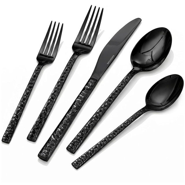 KINGSTONE 40 Piece Black Silverware Set, Hammered Silverware Set for 8, 18/10 Stainless Steel Flatware Includes Fork Spoon Knife, Cutlery Utensil Set for Party,Wedding, Mirror Polished Dishwasher Safe