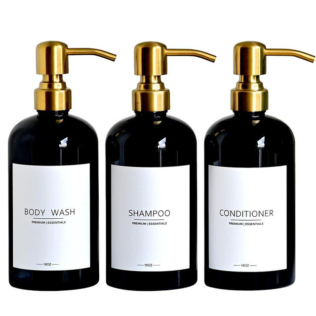Luxury Shampoo and Conditioner Dispenser Set of 3 - Modern Refillable Shower Soap Bottles with Stainless Steel Pump, Body Wash Dispensers for Bathroom Decor Upgrade (Black Bottles+Gold Pump)