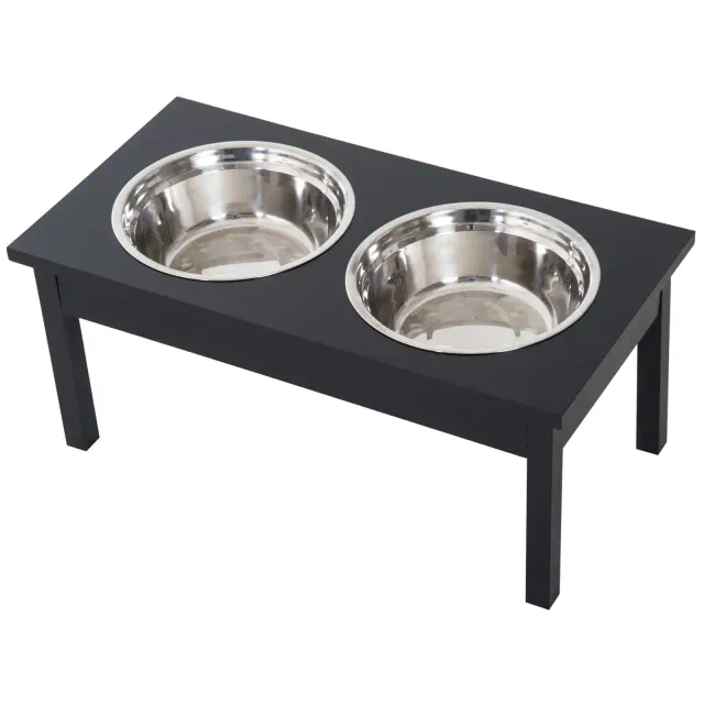 PawHut 23" Dog Food Bowls Wooden Heavy Duty Pet Elevated Feeding Station - Black