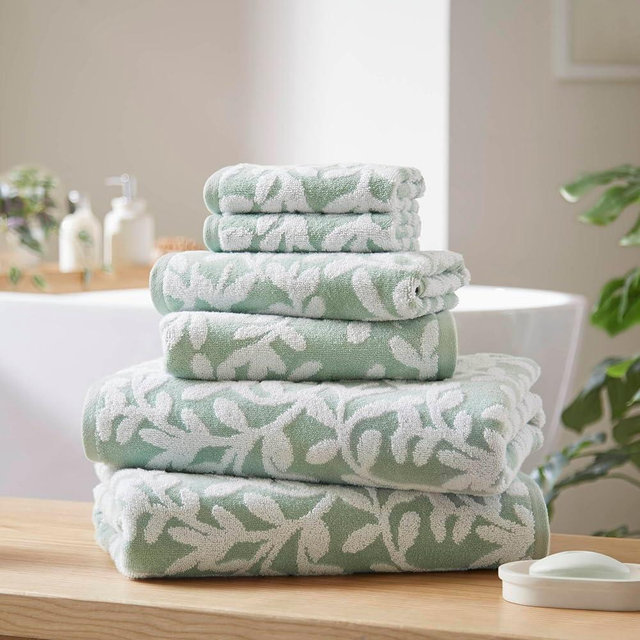 Madison Park Floral Decorative Towel Set of 6, Zero Twist Cotton Bath Towel Set with Botanical Leaf Pattern, Soft Absorbent Quick Dry Bathroom Towels, Bath Hand Washcloth Set, Sage Green