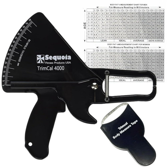 Sequoia Trimcal 4000 Body Fat Caliper with Tape Measure - Precision (Dual-Sided Design) for Fitness Tracking - Color Black & Black