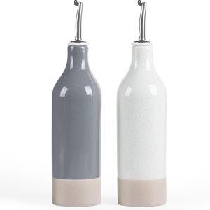 famiware Milkyway 16oz Ceramic Olive Oil Dispenser Bottle, Olive Oil and Vinegar Dispenser Bottle Set of 2 with Stainless Steel Pourers, Suitable for Storage Vinegar, Liquids, White and Dark Gray