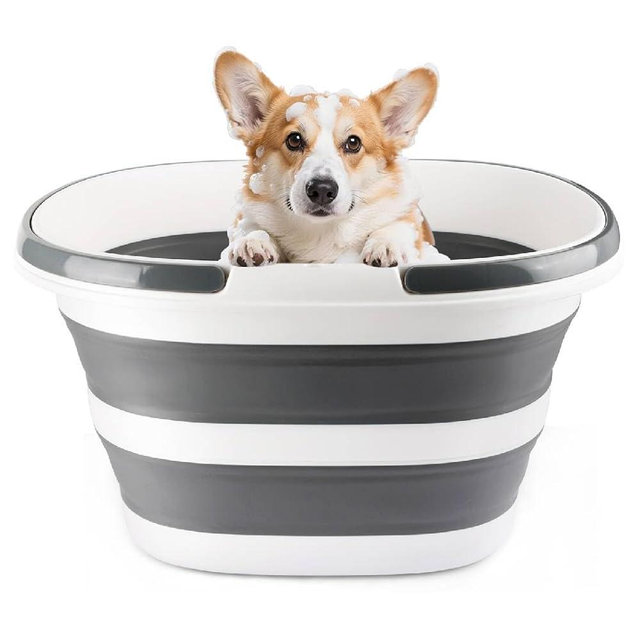 28L Large Collapsible Mop Bucket with Handle for Cleaning, Silicone Portable Pet Bathtub for Puppy Small Dogs Cats, Foldable Laundry Basket Hamper Clothes Storage Bin Space Saving Design for RV Home