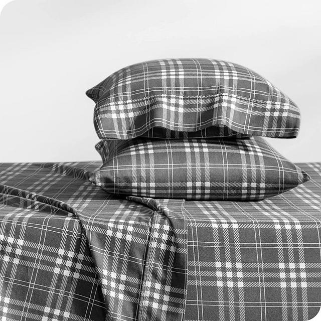Bare Home Flannel Sheet Set 100% Cotton, Velvety Soft Heavyweight - Double Brushed Flannel - Deep Pocket (Queen, Stirling Plaid - Grey/White)