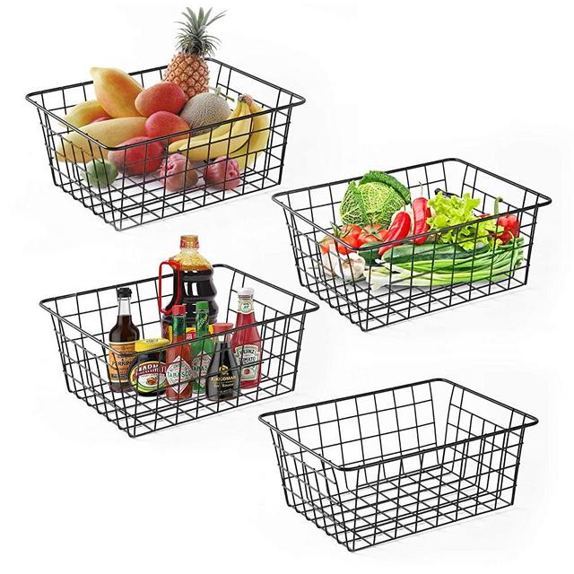 Wire Baskets for Organizing Household Pantry Baskets 4 Pack Metal Baskets for Pantry Storage Fruit Drinks Wire Storage Basket Freezer Pantry Storage Bins Black Small Wire Baskets