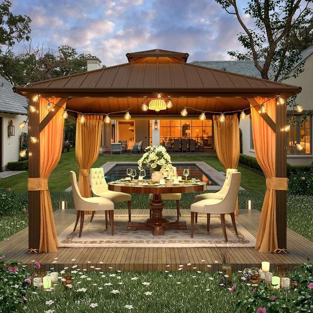 YOLENY 12' x 12' Gazebo, Hardtop Gazebo with Aluminum Frame, Double Galvanized Steel Roof, Curtains and Netting Included, Metal Gazebos Pergolas for Patios, Garden, Lawns, Parties