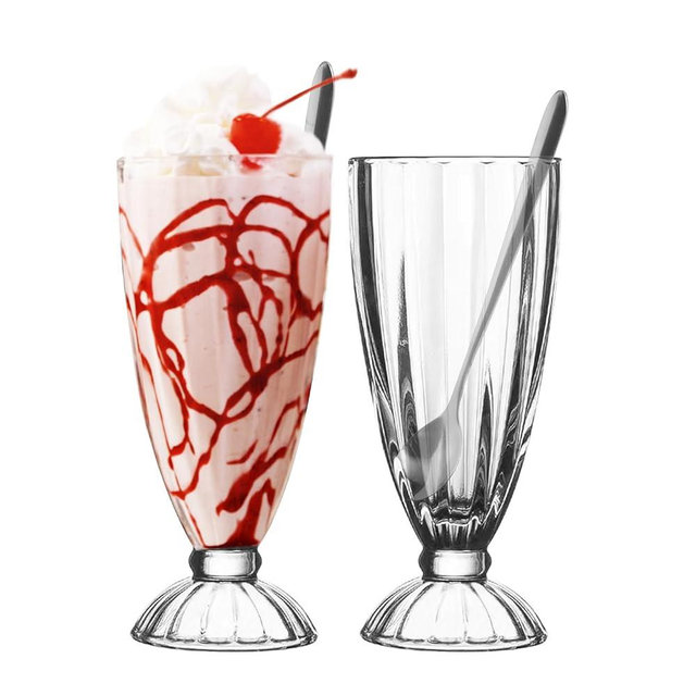 binsakao Milkshake Glasses Cups Soda Fountain with Spoons, Milk Shake, Ice Cream Soda Glass, 11.5 Ounce, Clear, Set of 2