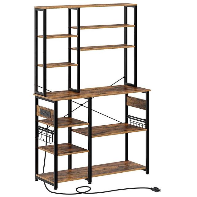 Rolanstar Baker's Rack with 4AC Power Outlet, 10-Tier Kitchen Utility Storage Shelf with 15 Hooks, Large Kitchen Rack 39.4" L x 15.7" W x 67" H, Microwave Oven Stand, Stable Coffee Bar, Rustic Brown