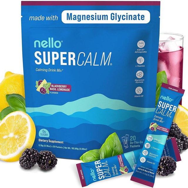 Supercalm Drink Mix -Ashwagandha KSM 66, Magnesium Glycinate & L-Theanine Supplement, Vitamin D3- Ashwagandha Root Extract- Focus and Relaxation Support (20 Travel Packets)- Blackberry Basil Lemonade