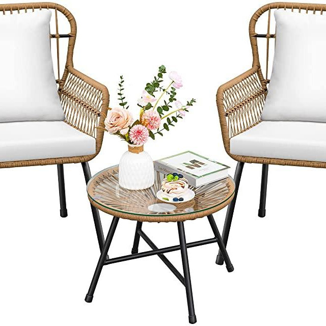 Devoko Patio Furniture Set 3 Pieces Rope Woven Bistro Set Outdoor Conversation Set with 2 Wide Chairs,Cushions and Tempered Glass Table for Balcony Porch Backyard Garden Poolside