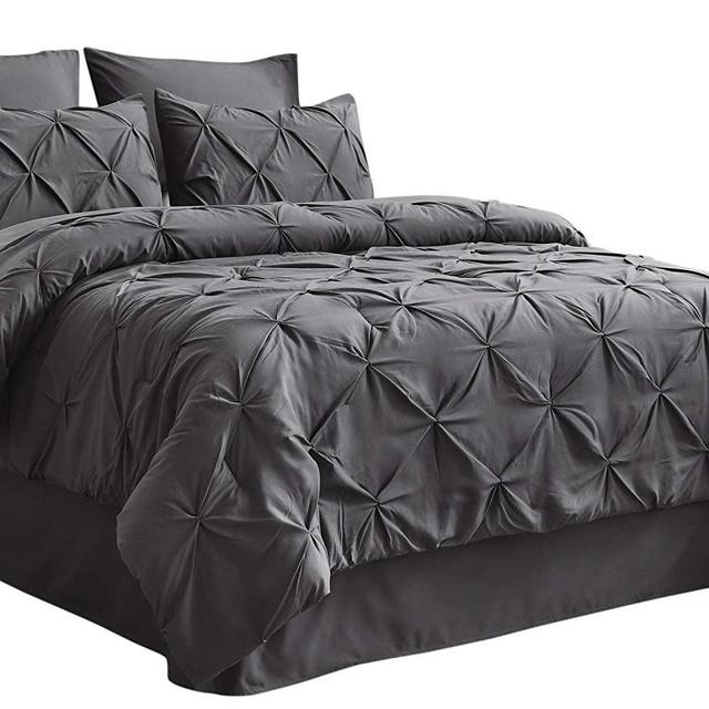 Bedsure Dark Grey Full Size Comforter Sets - 8 Pieces Pintuck Bed Set Full Size, Dark Grey Full Size Bed in A Bag with Comforters, Sheets, Pillowcases & Shams, Kids Bedding Set