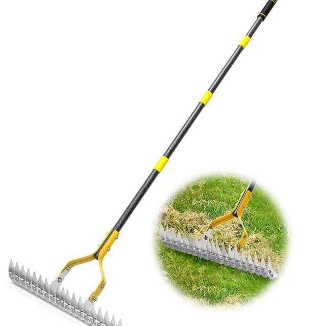 Thatch Rake, 15-Inch Wide Lawn Thatching Rake for Cleaning Dead Grass, 5.84 FT Robust Dethatcher Rake, Efficient Metal Rake with Soft Sponge Handle, Lawn loosening Soil Grass Rake