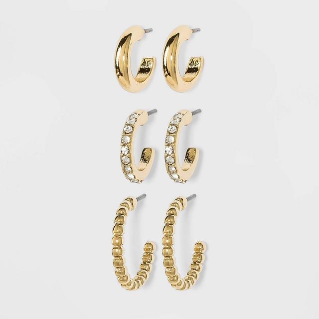 Gem and Ridged Hoop Earring Set 3pc - A New Day™ Gold