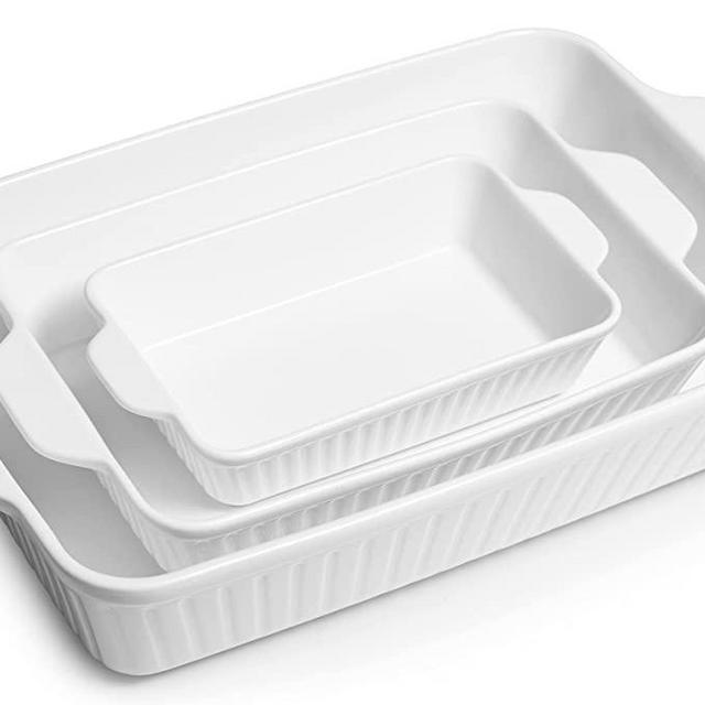 DOWAN Casserole Dish Set of 3, Ceramic Baking Dish Set with Handles, Lasagna Pan Deep, Rectangular Baking Dishes for Oven, Casseroles, White (13''/10.3''/7.4'')