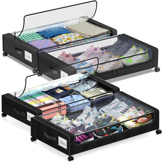 Under Bed Storage with Wheels, 4-Pack Under Bed Storage Containers with Clear Lids, XXL 60L Under the bed storage Organizer Bins, Rolling Under Bed Metal Drawer for Clothes,Shoes,Toys (Black)