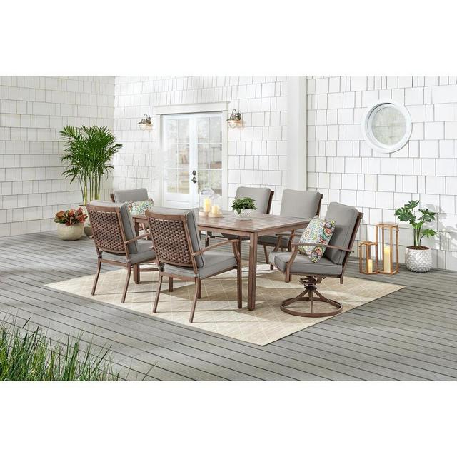 Geneva 7-Piece Brown Wicker Outdoor Patio Dining Set with CushionGuard Stone Gray Cushions