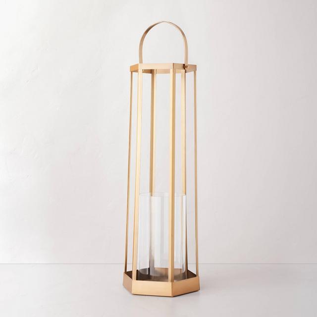 28" Rustic Hexagon Candle Lantern Brass Finish - Hearth & Hand™ with Magnolia