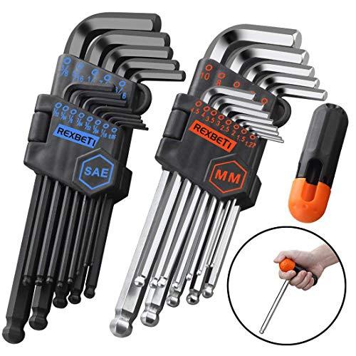 REXBETI Hex Key Allen Wrench Set, SAE Metric Long Arm Ball End Hex Key Set Tools, Industrial Grade Allen Wrench Set, Bonus Free Strength Helping T-Handle, S2 Steel (26 Pieces)