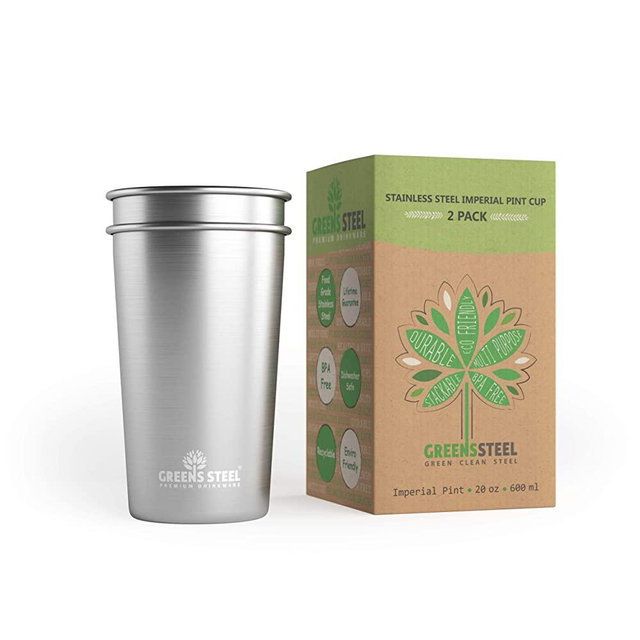 Stainless Steel Cup - Large 20 oz Imperial Pint Tumbler (2 Pack) - Premium Metal Drinking Glasses