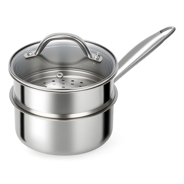 Ohtomber Stainless Steel Sauce Pan - Tri-Ply 1.5 Quarts Small Pot with Steamer Basket Long Handle & Lid, Nonstick Saucepan Cookware, Induction Steam Cooking Pot for Food, Sauces, Veggie, Oatmeal