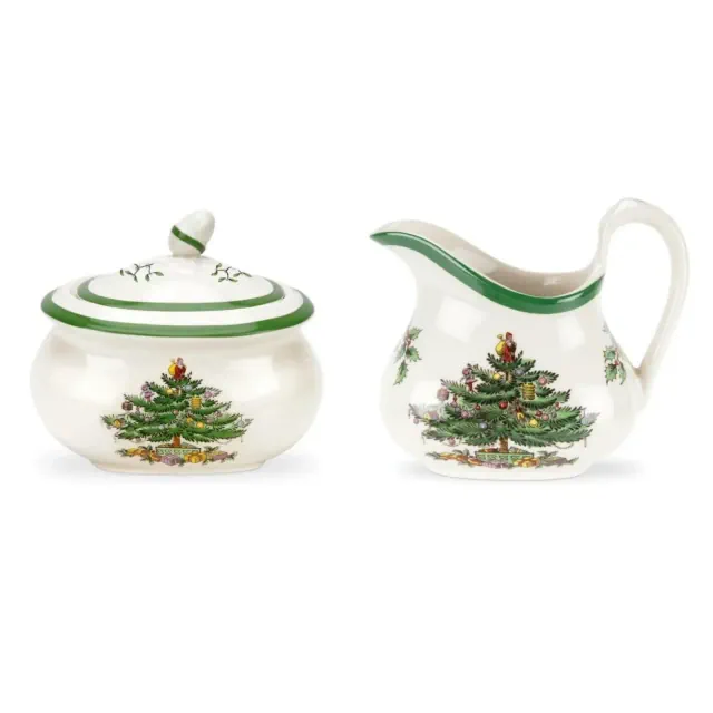 Spode Christmas Tree Sugar & Creamer Set - 16oz Sugar Bowl with Lid & 8oz Creamer - Fine Earthenware Holiday Tea & Coffee Serving Set