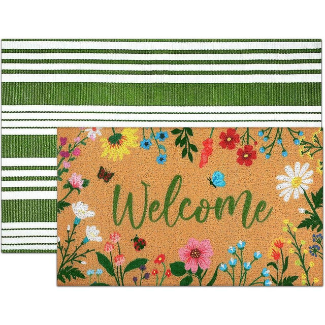 Tinideya 2 Pcs Floral Welcome Doormat Flower Outdoor Welcome Mats for Front Door Non Slip Wildflower Coir Floor Mat Green White Stripe Layering Rug for Outside Front Porch Entryway Decor