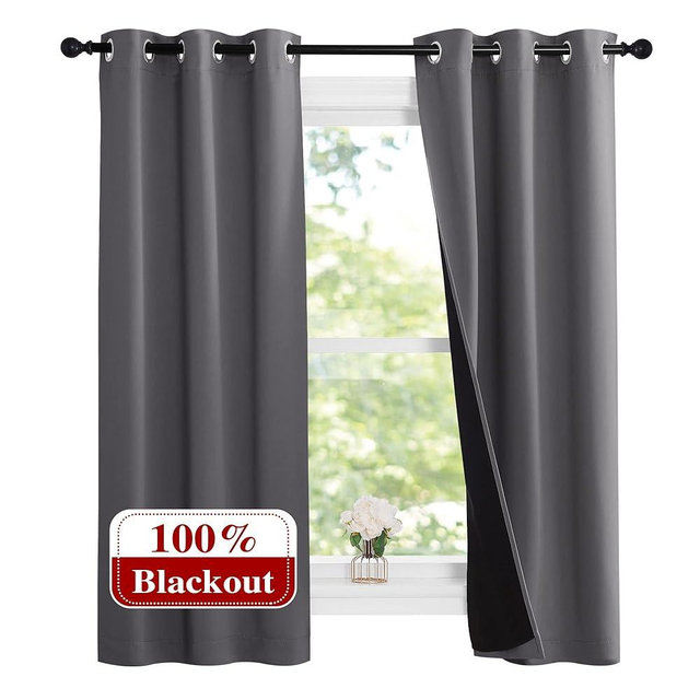 NICETOWN 100% Blackout Short Curtains with Black Liners, Solid Thermal Insulated Full Blackout 2-Layer Lined Drapes, Energy Efficiency Window Draperies for Bedroom (2 Panels, 37" W by 63" L, Grey)