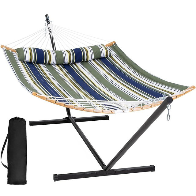 SUNCREAT Hammocks for Outside with Stand Included, Double Hammock with Curved Spreader Bar, Carrying Bag, Dark Green Stripes