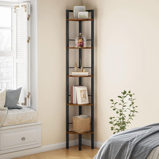 Tajsoon Narrow Corner Shelf Stand 5 Tier 60.5" Industrial Corner Ladder Shelves with Metal Frame, Multipurpose Tall Corner Bookshelf Bedroom, Living Room, Office, Kitchen, Rustic Brown