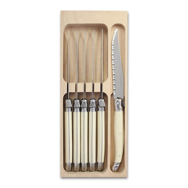 Andre Verdier Laguiole 6-Piece Steak Knife Set Debutant Collection Stainless-Steel and Resin Handle in Ivory