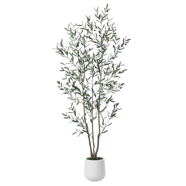 Kazeila 7FT Artificial Olive Tree with Round White Planter, Pre Potted Fake Plant for Home Decor