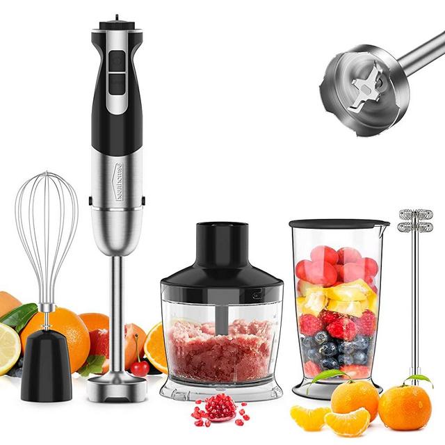 [Upgraded] 5-In-1 Immersion Hand Blender, healthomse 800W 12-Speed Powerful Stainless Steel Stick Blender with Milk Frother,Egg Whisk, 4-Blades 500ml Chopper and 700ml Beaker with Lid, Detachable