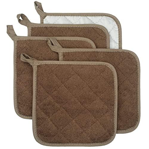 Lifaith 100% Cotton Kitchen Everyday Basic Terry Pot Holder Heat Resistant Coaster Potholder for Cooking and Baking Set of 5 Brown