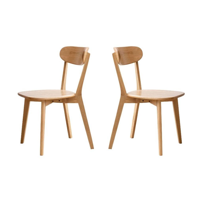 Wayshome Mid Century Oak Wood Dining Chairs Set of 2, 100% Solid Wood Kitchen Chair with Rounding Edges & Curved Backrest, Modern Armless Accent Dining Chairs for Kitchen Dining, Natural Oak