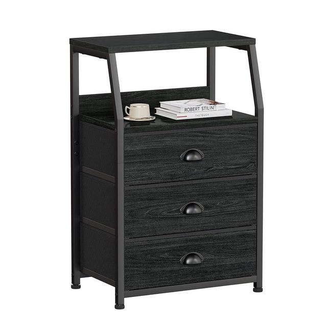 Furnulem Black Dresser for Bedroom, Small Nightstand with 3 Fabric Storage Drawers and 2-Tier Shelf, End Table Side Furniture for Closet, Hallway, Nursery, Sturdy Steel Frame, Wood Top (Black Oak)