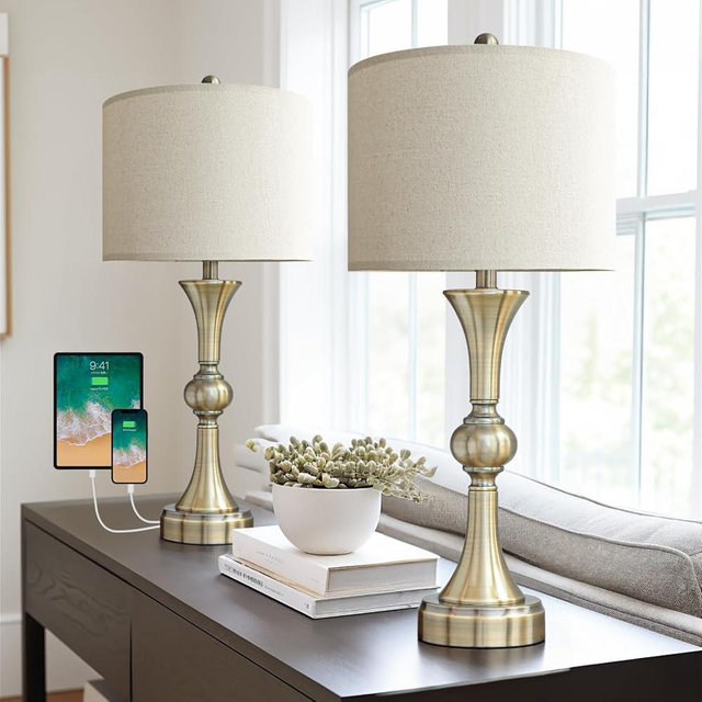 OYEARS 28" Table Lamps for Living Room Set of 2, Bedside Lamps for Night Stands Bedroom Lamps Farmhouse Lamp End Table Bed Side Lamp with USB C+A Charging Ports (Antique Bronze)