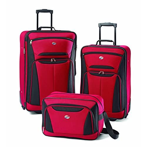 American Tourister Fieldbrook II Softside Upright Luggage Set, Red/Black, 3-Piece (tote/21/25)