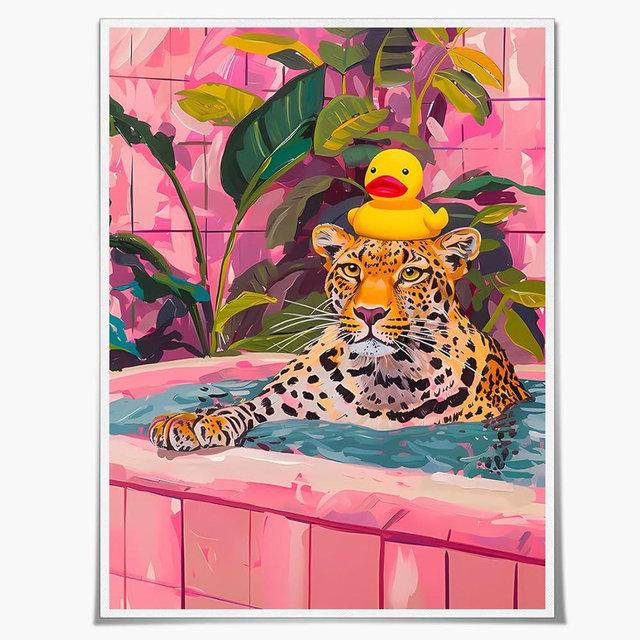Pink Leopard in Bathtub Maximalist Wall Art, Duck Orange Pink Bathroom Print Funny Animal Art Dopamine Decor Colourful Cheetah Painting Funny Animal Art Trendy Bathroom Decor 12x16in Unframed