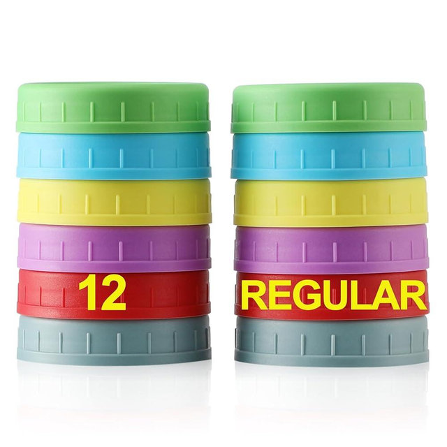 12 Pack REGULAR MOUTH Mason Jar Lids for Ball, Kerr and More - Multicolor Plastic Storage Caps for Mason Jars, Canning Jars - Leakproof
