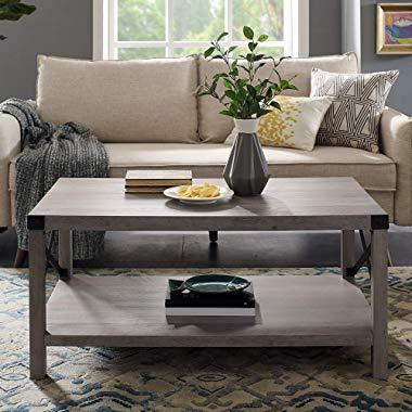 Walker Edison Rustic Modern Farmhouse Metal and Wood Rectangle Accent Coffee Table Living Room Ottoman Storage Shelf, Grey Wash