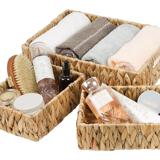 Wicker Storage Baskets, Water Hyacinth Baskets for Organizing, Wicker Baskets for Storage, 1 Large and 2 Small Decorative Woven Baskets for Shelves (1 Large & 2 Small)